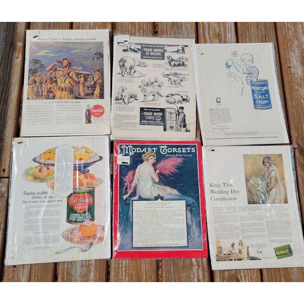 Vintage Print Ads Lot of 6, Boarded Product Ads From Magazines 1920s thru 1950s